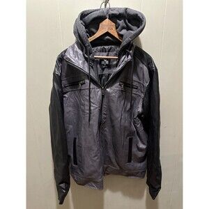 HOOD CREW Faux Leather Detachable Hood Motorcycle Bomber Jacket Men’s Size Large